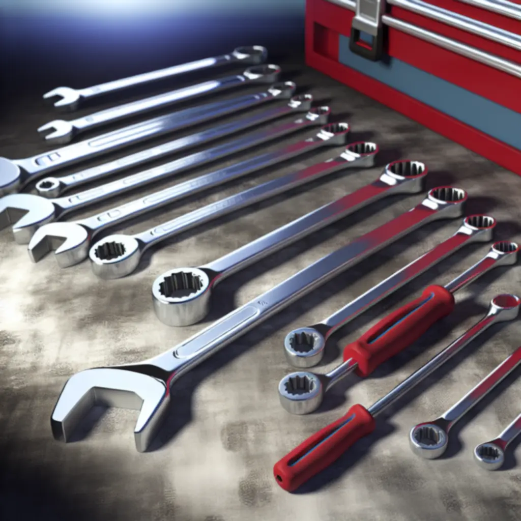 Zestaw narzędzi warsztatowych: klucze, grzechotki, skrzynka