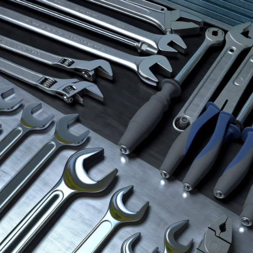 Zestaw profesjonalnych narzędzi i akcesoriów na stalowym blacie